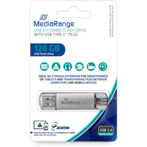 MediaRange USB 3.1 und TypeC Speicherstick 128GB - Combo Flash-Laufwerk mit Schutzkappen, externe Speichererweiterung mit Lesegeschwindigkeit von bis zu 60 MB/s, Farbe Silber