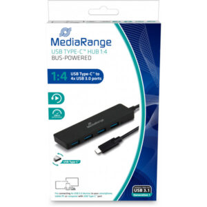 MediaRange USB HUB Type-C  auf USB 3.0 Verteiler 1:4, bus-powered, 4x USB 3.0 schwarz