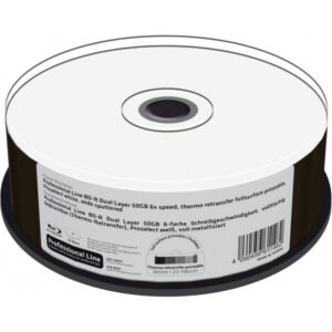 Professional Line BD-R Dual Layer 50GB 6-fache Schreibgeschwindigkeit, vollflächig bedruckbar (Thermo-Retransfer), Proselect weiß, voll metallisiert, 25er Cakebox