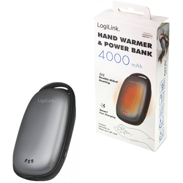 LogiLink PA0264 - Handwärmende Powerbank mit 4000mAh und doppelseitiger Heizung: DREI einstellbare Temperatureinstellungen, Metallgrau