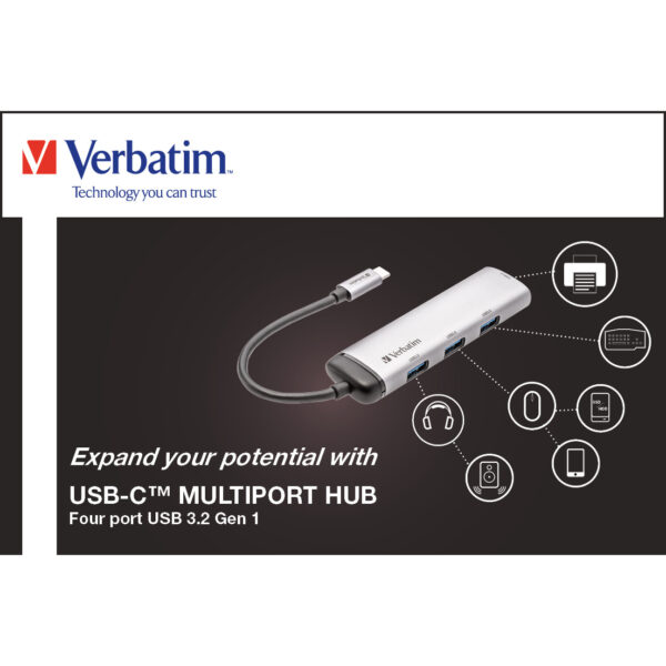 Verbatim USB-C Multiport-Hub, USB-C-Adapter aus hochwertigem Aluminium für Laptops MacBooks und Smartphones, Multimedia-Adapterstecker mit vier USB-3.2 Gen 1-Anschlüssen, silber – Bild 5