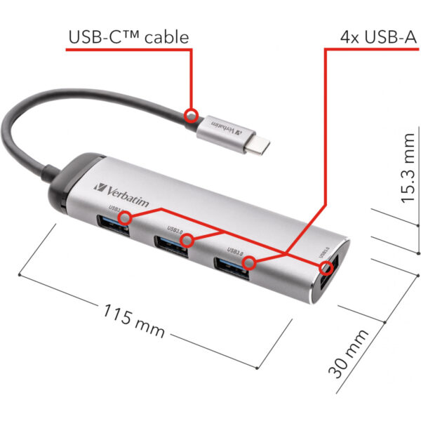 Verbatim USB-C Multiport-Hub, USB-C-Adapter aus hochwertigem Aluminium für Laptops MacBooks und Smartphones, Multimedia-Adapterstecker mit vier USB-3.2 Gen 1-Anschlüssen, silber – Bild 6