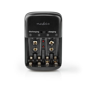 NiMH-Akku-Ladegerät AA / AAA | 1.2 VDC / 9 VDC | 200.00 mA A | Ladeerhaltung | Euro / Typ C (CEE 7/16) | Sicherheitsfunktionen: Auto Cut-Off / Full-Batterie-Schutz | Batterietyp – Energie: AA / AAA / E-Block | Verpolungsschutz | Schwarz