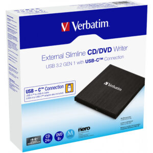 Verbatim Externer Slimline CD/DVD-Brenner - Schwarz - Ablage - Desktop / Notebook - DVD±RW - USB 3.2 Gen 1 (3.1 Gen 1) - CD-R - CD-RW - DVD+R - DVD+R DL - DVD+RW - DVD-R - DVD-R DL - DVD-RW