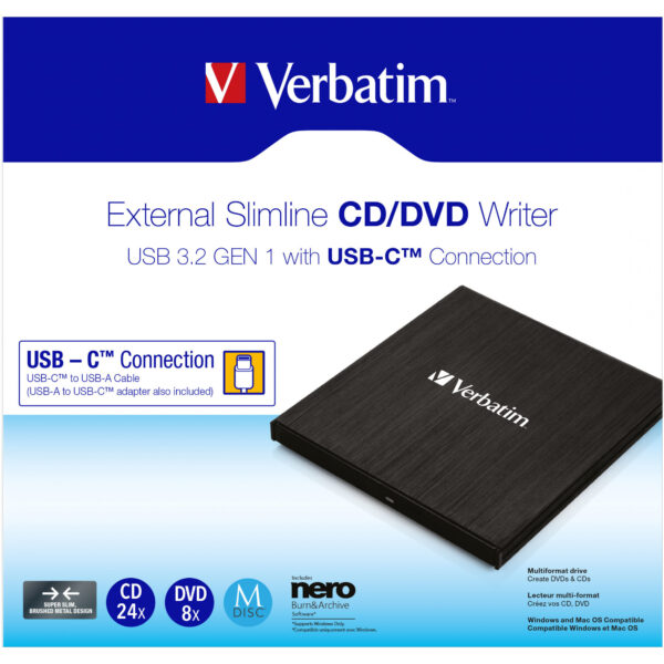 Verbatim Externer Slimline CD/DVD-Brenner - Schwarz - Ablage - Desktop / Notebook - DVD±RW - USB 3.2 Gen 1 (3.1 Gen 1) - CD-R - CD-RW - DVD+R - DVD+R DL - DVD+RW - DVD-R - DVD-R DL - DVD-RW – Bild 2