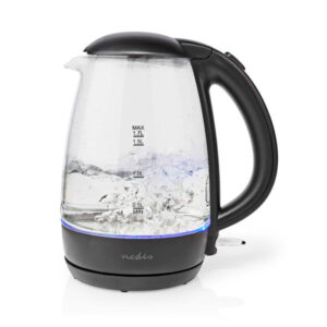 Nedis - Glas Wasserkocher - Verdecktes Heizelement - Glasgehäuses - Blaue LED-Leuchte - 360°-Drehsockel - Strix-Regler - Rutschfesten Füßen - Wasserstandsanzeige - 2200 W - 1,7 L - Schwarz