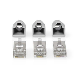 RJ45-Stecker | RJ45 Pass Through | Festes/verseiltes FTP CAT6 | Gerade | Vergoldet | 10 Stück | PVC | Grau / Schwarz / Weiss | Box