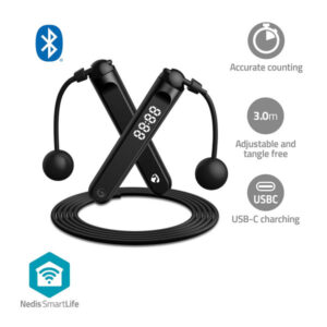SmartLife Outdoor-Sport | Sprungseil | Bluetooth | Dual Hall sensor | LED-Anzeige | PVC | 3.00 m | Akku-Bälle / Beutel mit Kordelzug | Schwarz