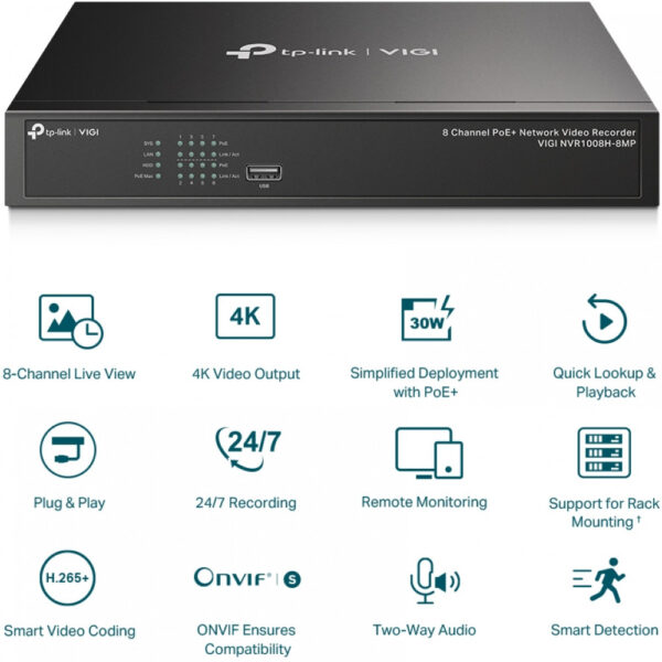 TP-LINK VIGI NVR1008H-8MP - 8 Kanäle - 3840 x 2160 Pixel - 720p - 1080p - 2160p - 3840x2160,1920x1080 - 1680x1050 - 1440x900 - 1280x1024 - 1024x768 - 1280x720 - 1280x720@60fps - 1920x1080@60fps - 3840x2160@30fps - H.264 - H.264+ - H.265 - H.265+ – Bild 9
