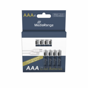 MediaRange Rechargeable Li-Ion Akkus mit USB-C Ladebuchsen Eingang, Micro AAA I 1.5V I 500mAh, 4-Pack