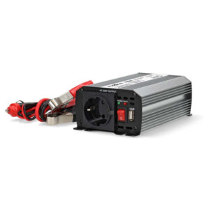 Power Inverter änderte Sinus-Wellen | Eingangsspannung: 12 V DC | Geräteausgangsanschluss: Type F (CEE 7/3) / USB-A | 230 V AC 50 Hz | 300 W | Spitzenleistung: 600 W | Batterieklemmen + Zigarettenanzünder | Silber