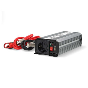 Power Inverter änderte Sinus-Wellen | Eingangsspannung: 12 V DC | Geräteausgangsanschluss: Type F (CEE 7/3) / USB-A | 230 V AC 50 Hz | 600 W | Spitzenleistung: 1200 W | Batterieklemmen + Zigarettenanzünder | Silber