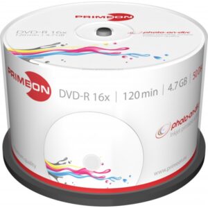 Primeon Photo on Disc DVD-R 4.7 GB / 120 min 16x, Voll bedruckbar Ultra Glossy, 50 Stück in Cakebox