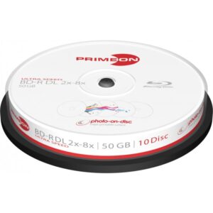 Primeon Photo on Disc BD-R DL 50 GB / 270 min 8x, Voll bedruckbar, 10 Stück in Cakebox