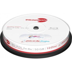 Primeon Photo on Disc BD-R DL 50 GB / 270 min 8x, Voll bedruckbar Ultra Glossy, 10 Stück in Cakebox