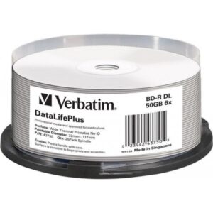 Verbatim Blu-ray Disc BD-R DL 50 GB / 270 min 6x, Voll bedruckbar (Thermotransferdruck), 25 Stück in Cakebox