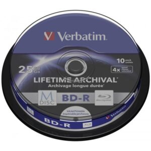Verbatim M-DISC Blu-ray BD-R 25 GB / 135 min, 4x, Voll bedruckbar, 10 Stück in Cakebox