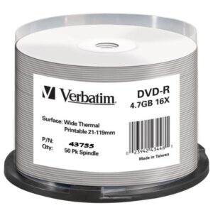 DVD-R 4,7 GB Verbatim 16x Speed DataLifePlus Wide THERMAL Professional fullprintable in Cakebox 50 Stück