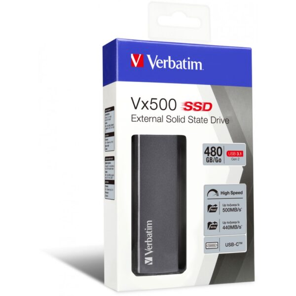 Verbatim Vx500, externe SSD-Festplatte, 480 GB, USB 3.1 Gen 2-Controller, 500 MB/s Lesegeschwindigkeit inkl. USB-C- und USB A-Kabel, Store n Go – Bild 2