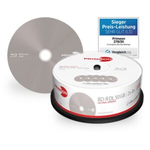 Primeon Ultra-Protect-Disc BD-R DL, Gelabeled, 50 GB / 270 min, 8x, 25 Stück in Cakebox