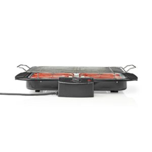 Nedis Elektro BBQ Elektrischer Grill - Rechteckig - 38 x 22 cm - 2000 W - Thermostat - Wasserbad aus Aluminium - Metall - Schwarz - Schutzkontakt/Typ F (CEE 7/7) Schwarz 0.90 m